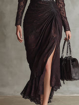 Retro High-end Brown-red Imitation Leather Stitching Lace Long-sleeved Maxi Dress