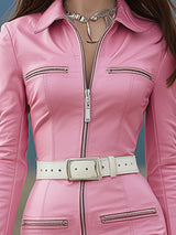 Retro Western Style Lapel Collar Pink Long-sleeved Faux Leather Mini Dress