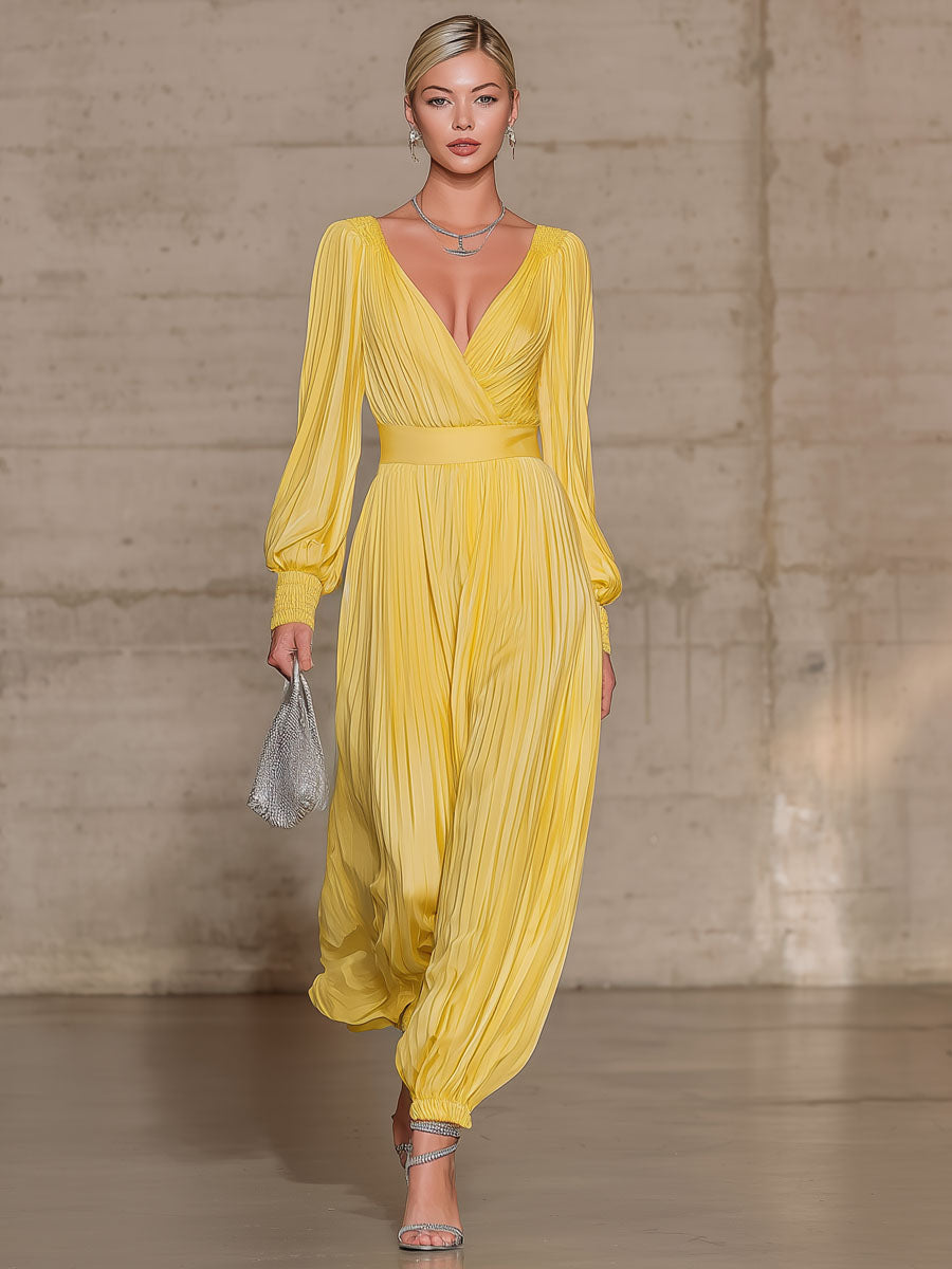 Yellow Pleated Chiffon V-neck Long-sleeved Jumpsuit