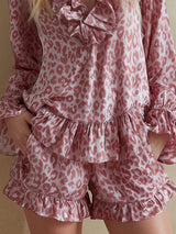 Leopard Print V-neck Ruffled Long-sleeved Top And Shorts Chiffon Set