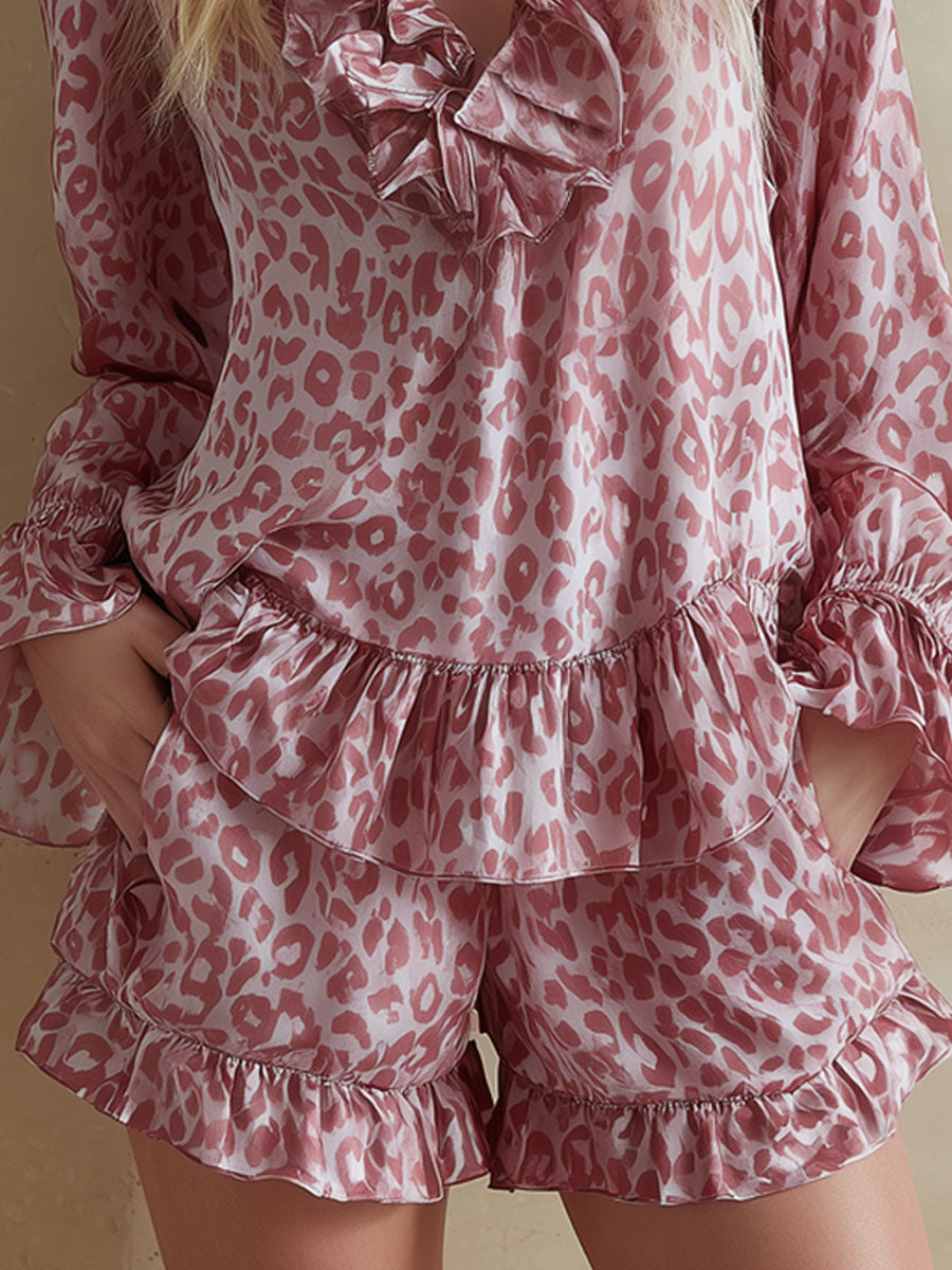 Leopard Print V-neck Ruffled Long-sleeved Top And Shorts Chiffon Set