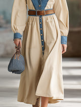 Western-style Beige Cotton Patchwork Denim Maxi Dress