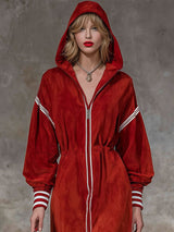 Loose Color-blocked Woven Ribbon Long-zippered Hooded Faux Suede Long-sleeved Midi Dress
