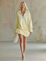 Elegant Fashion Lapel Front Zipper Bubble Hem Lace Trim Light Yellow Cotton Mini Dress
