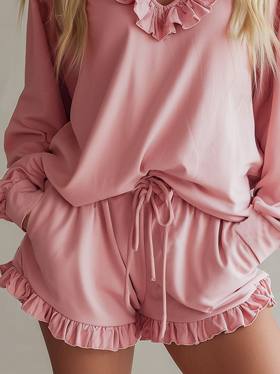 V-neck Ruffled Long-sleeved Top And Shorts Athletic Set