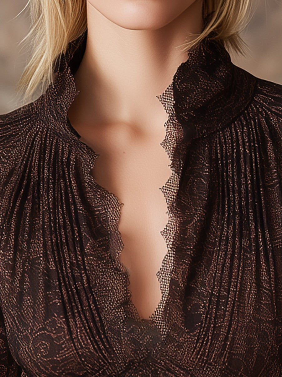 Elegant V-neck Lace Print Mocha Brown Long-sleeved Shirt