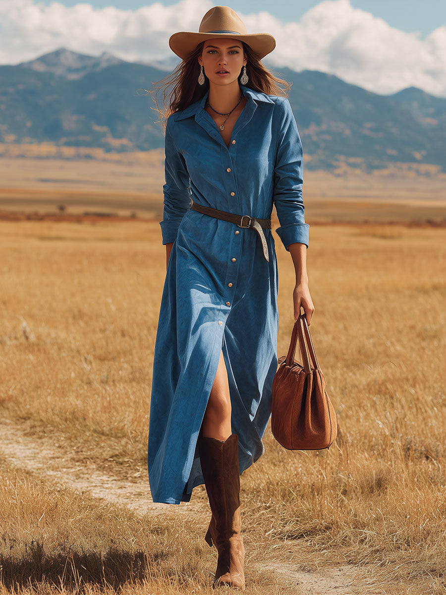 Retro Western Style Blue Long-sleeved Faux Suede Midi Dress