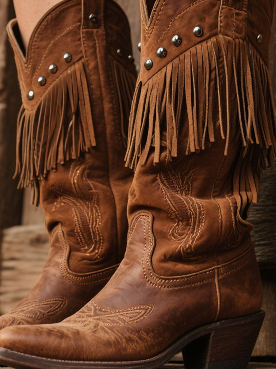 Women's Western Embroidered Tassel Faux Suede Cowboy Boots