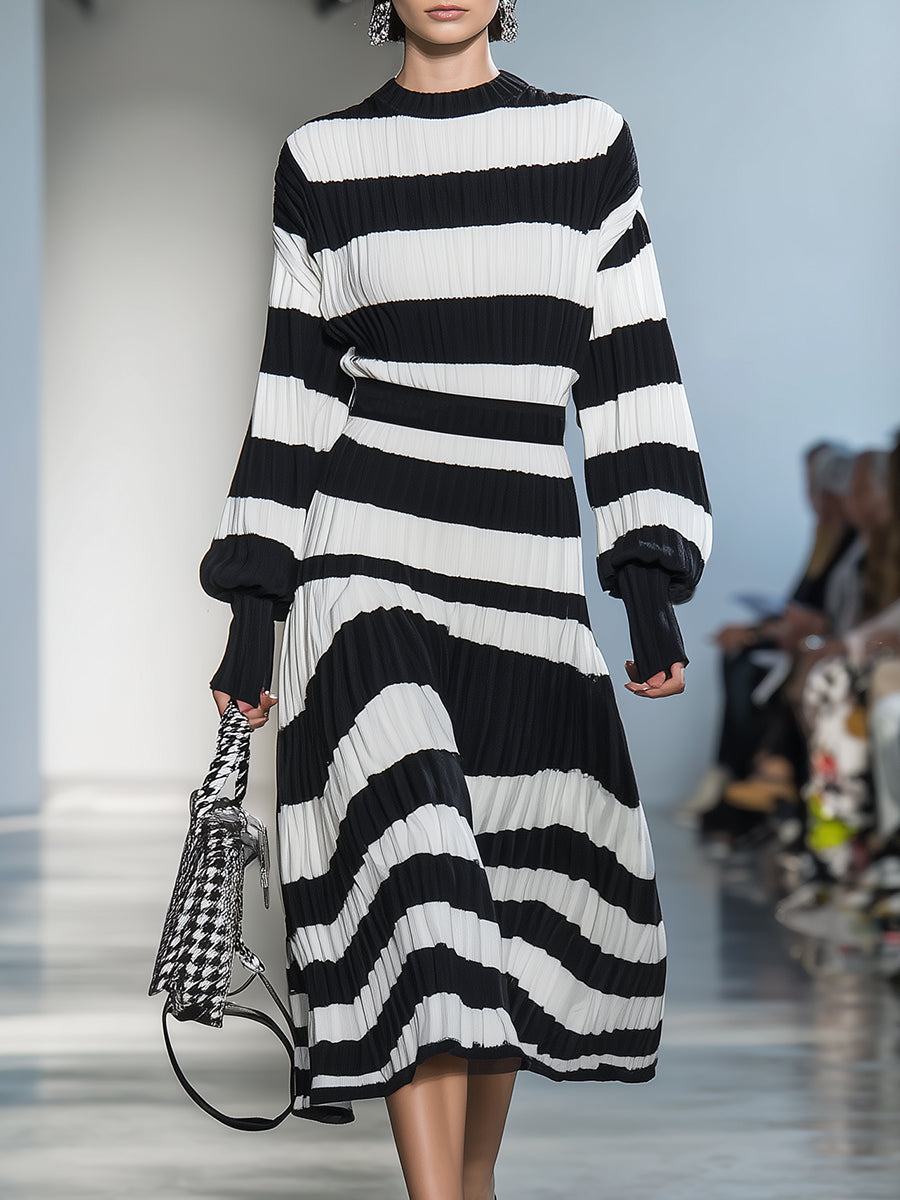 Fashionable Black And White Striped Long-sleeved Midi Dress
