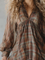 Retro Ethnic Style Brown Checkered Chiffon Printed Midi Dress