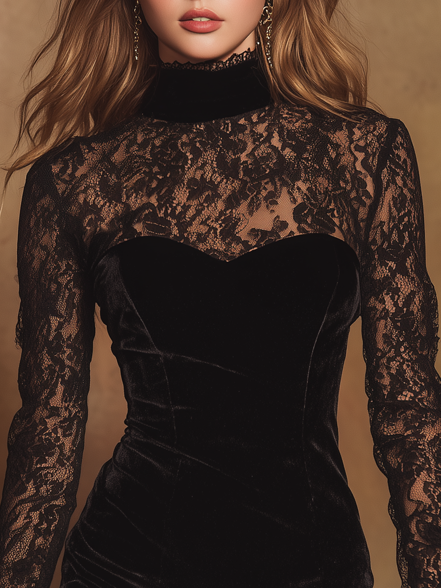 Stylish Charming Sexy Lace-paneled Velvet Mini Dress