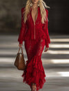 Fashion Western Long Sleeve Zipper V Neck Hem Ruffle Red Lace Maxi Dress