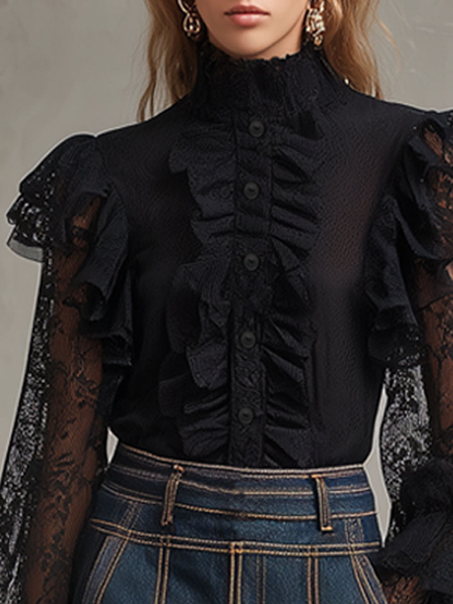Fashionable Retro Black Lace Mesh Ruffled Long-sleeved Shirt