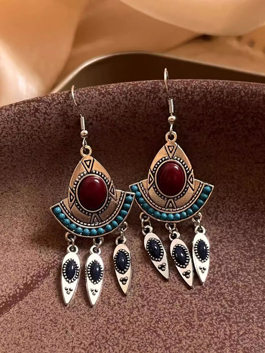 Retro Ethnic Style Turquoise Tassel Pendant Earrings