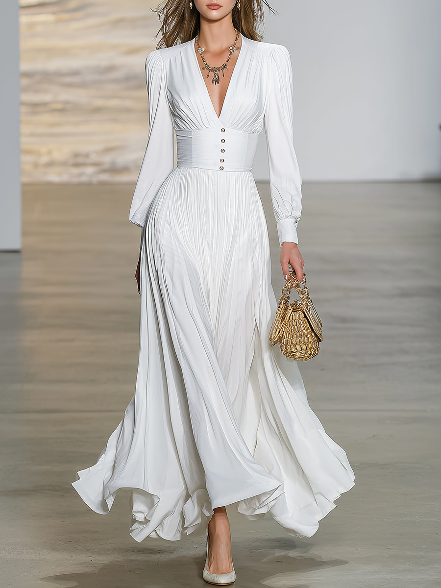 Stylish White Satin V-neck Pleated Maxi Dress