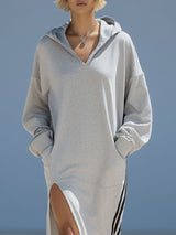 V-neck Hooded Double Pockets Side Slits Sporty Style Long-sleeved Midi Dress