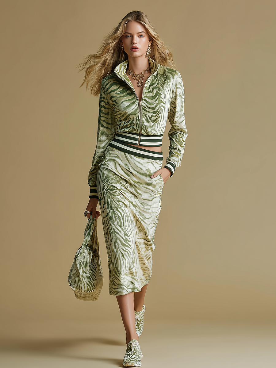 Elegant And Sporty Zebra Print Velvet Top And Skirt Set