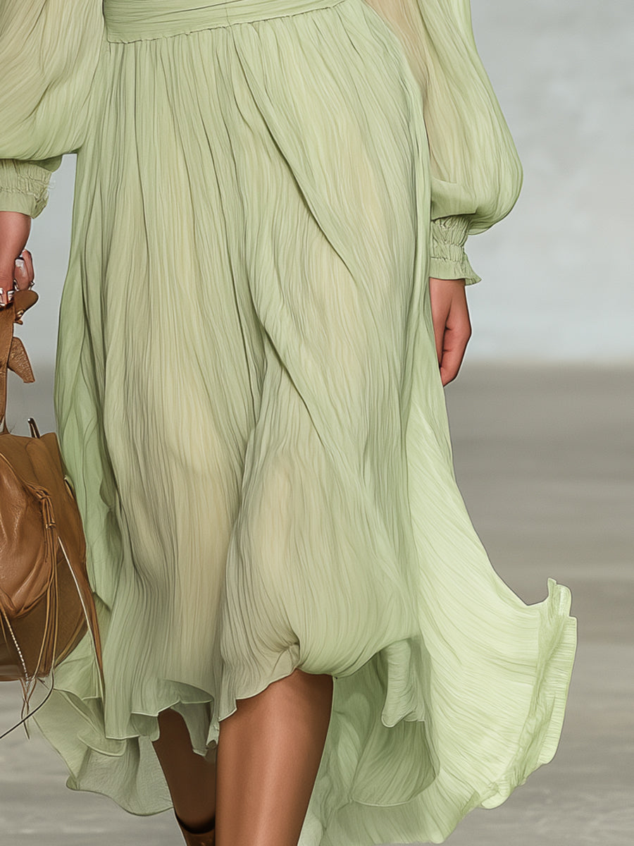 Elegant Green Chiffon With Ruffled Trim And Pleats Midi Dress