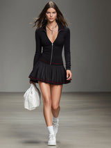 Contrast Hem Long Zip-up Top And Pleated Skirt Sports Suit