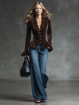 Fashion Retro Cocoa Brown Velvet V-Neck Ruffled Long-Sleeved Shirt
