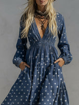 Retro V-neck Fitted Waist Star Denim Maxi Dress