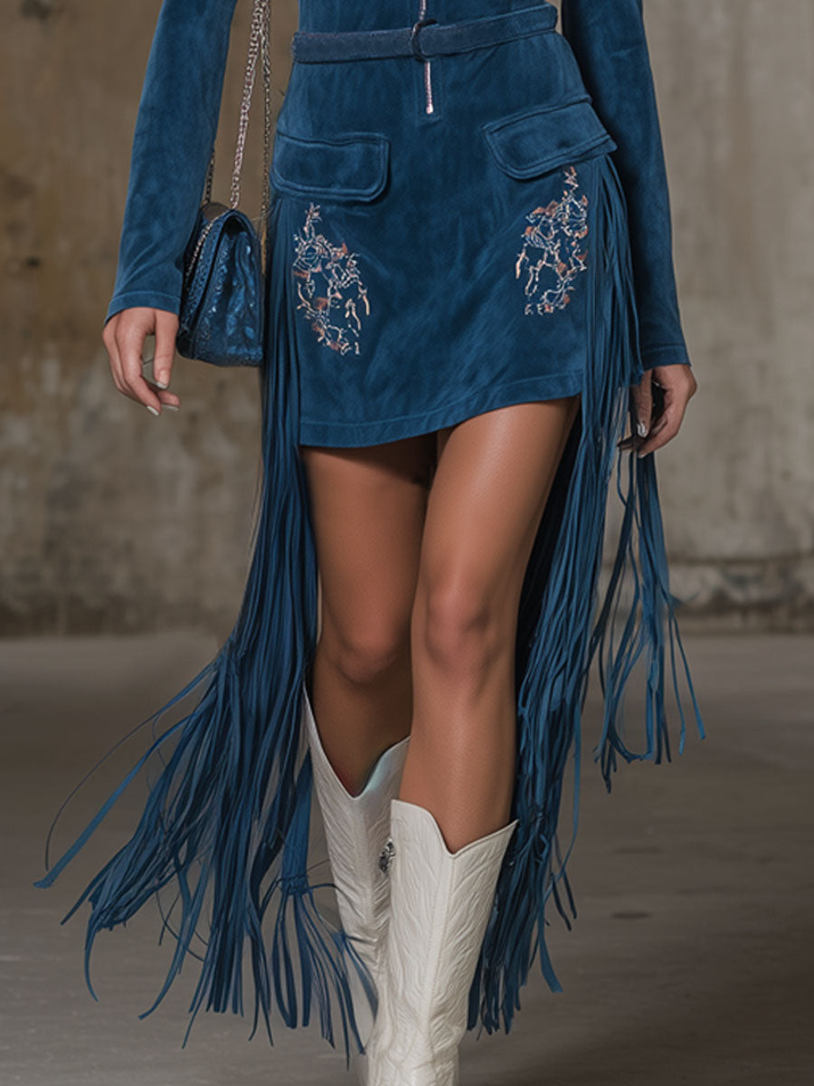 Off-the-shoulder Zippered Embroidered Fringed Faux Suede Long-sleeved Mini Dress