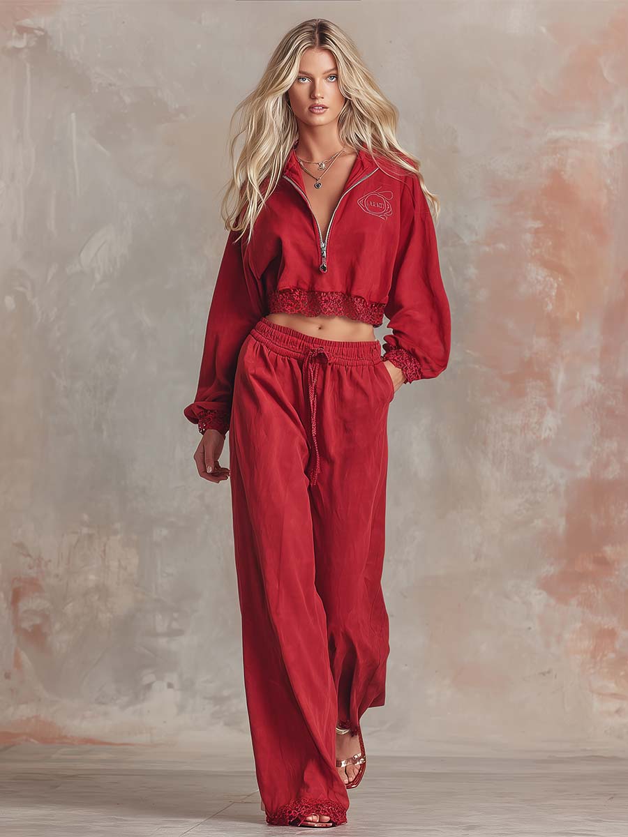 Elegant Retro Sporty Lapel Front Zipper Lace Trim Red Washed Cotton Sweatshirt And Pants Set