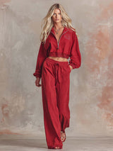 Elegant Retro Sporty Lapel Front Zipper Lace Trim Red Washed Cotton Sweatshirt And Pants Set