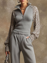 Sporty Retro Leopard Print Chiffon Long-Sleeved Gray Knit Top And Wide-Leg Pants Set