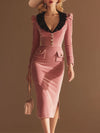 High-end And Elegant Brown Lapel Pink Velvet Midi Dress