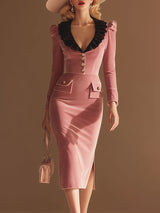 High-end And Elegant Brown Lapel Pink Velvet Midi Dress