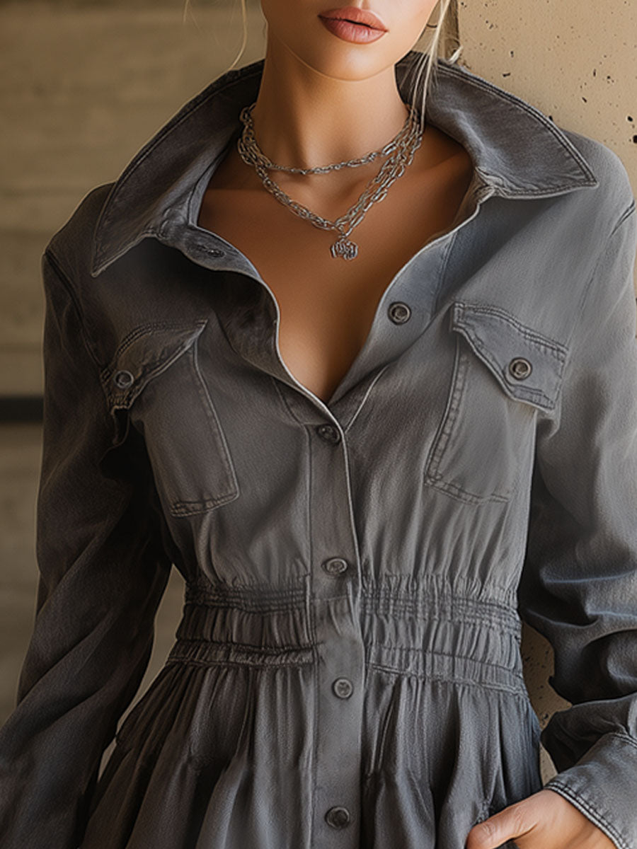 Vintage-style Collared Multi-pocketed Elastic-waist Gray Denim Long-sleeved Mini Dress