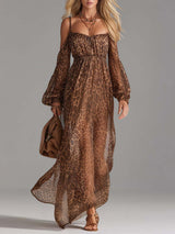 Brown Leopard Print Off-Shoulder Chiffon Maxi Dress