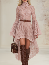 Stylish And Elegant High-neck Long-sleeved Lace Midi Dress