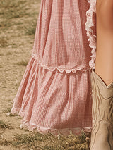 Western-style Vintage Lace-paneled Pink Maxi Dress