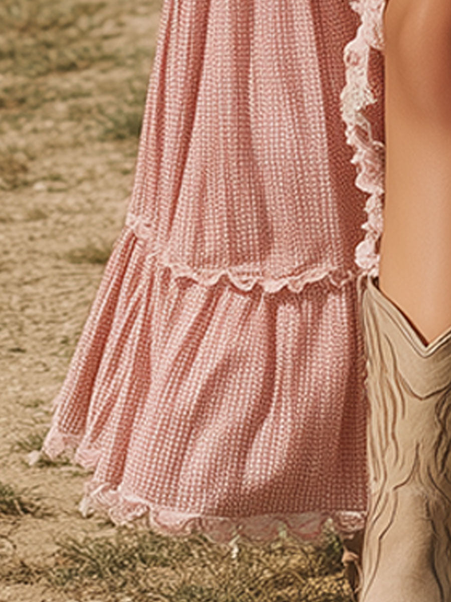 Western-style Vintage Lace-paneled Pink Maxi Dress