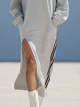 V-neck Hooded Double Pockets Side Slits Sporty Style Long-sleeved Midi Dress