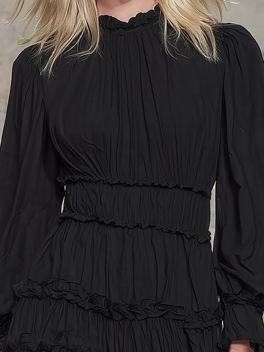 Elegant Black Round-neckWith Ruffled Trim Mini Dress