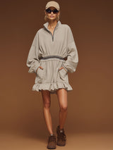 Sporty Retro Light Gray Half-zip Ruffle Long-sleeved Mini Dress