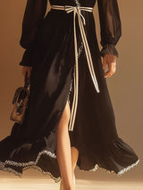 Vintage Lace-Trimmed Black Chiffon V-Neck Midi Dress