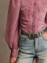 Western Retro Pink Faux Suede Long-Sleeved Shirt