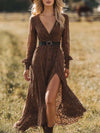 Elegant Brown Lace Front Slit Long Sleeve Maxi Dress