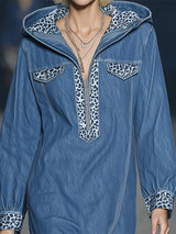 Stylish Blue Denim Patchwork Leopard Print Half-zip Hooded Midi Dress