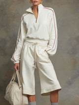 Sporty Retro Half-Zip Loose Long-Sleeve White Sweatshirt And Shorts Set
