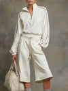 Sporty Retro Half-Zip Loose Long-Sleeve White Sweatshirt And Shorts Set