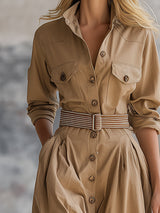 Retro And Stylish Lapel Button-down Khaki Maxi Dress