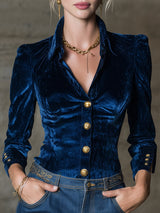 Elegant Blue Velvet Long-sleevedWith Gold Buttons Shirt