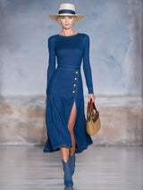 Retro Round Neck Side Slit Denim Long-sleeved Midi Dress
