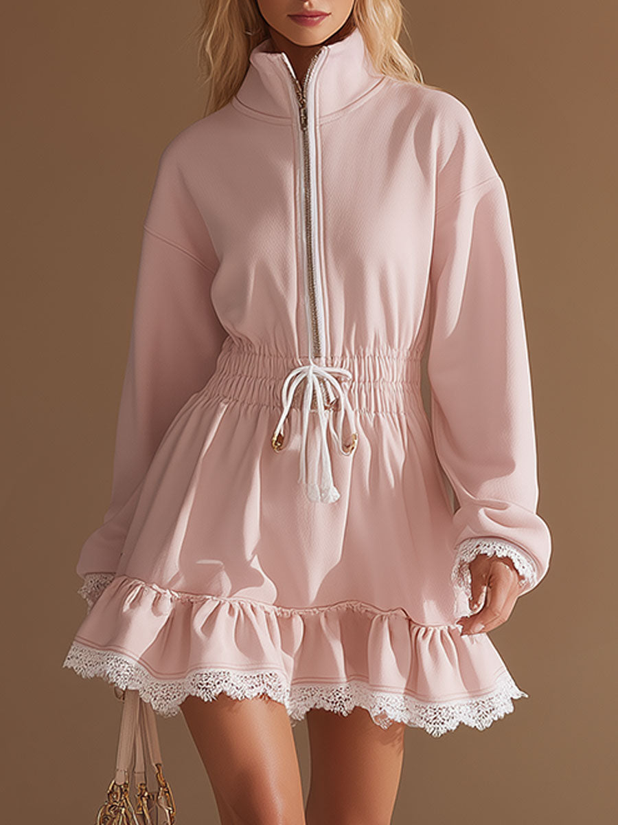 Sporty Retro-style White Lace And Pink Long-sleeved Mini Dress