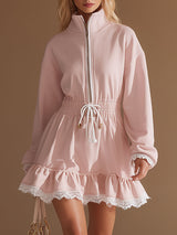 Sporty Retro-style White Lace And Pink Long-sleeved Mini Dress